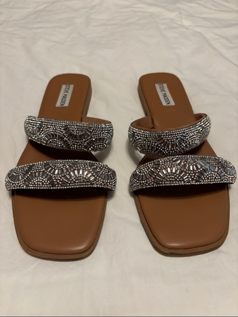 Steve Madden Brown Slide Sandals with Silver Rhinestone Straps